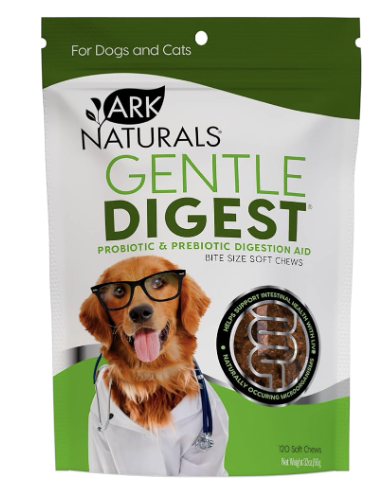 Product Shot: Bag of Ark Naturals Gentle Digest probiotic with golden retriever in lab coat on front.